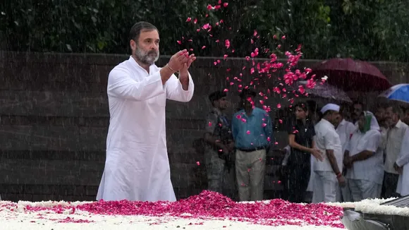 Congress leader Rahul Gandhi pays tribute to former prime minister Rajiv Gandhi on his birth anniversary, amid monsoon rain, at Veer Bhumi in New Delhi, Tuesday, Aug. 20, 2024