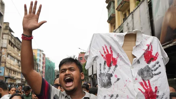 Junior doctors, trainee doctors and medical students during a protest against the sexual assault and killing of a post-graduate trainee doctor at RG Kar Medical College, in Kolkata, Monday, Aug. 12, 2024.