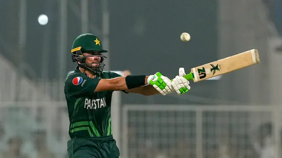 Pakistan batter Shaheen Shah Afridi plays a shot during ICC Men's Cricket World Cup 2023 match between England and Pakistan, at the Eden Gardens, in Kolkata, Saturday, Nov. 11, 2023.
