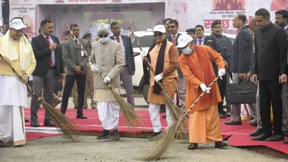 Uttar Pradesh Chief Minister Yogi Adityanath during a cleanliness drive in Ayodhya