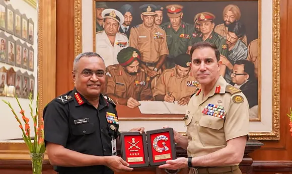Chief of Army Staff General Manoj Pande with General Simon Stuart, Chief of Army, Australian Army, at a meeting ahead of IPACC 2023, in NewDelhi