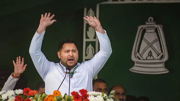 RJD leader Tejashwi Yadav addresses during 'Jan Vishwas Rally', in Patna
