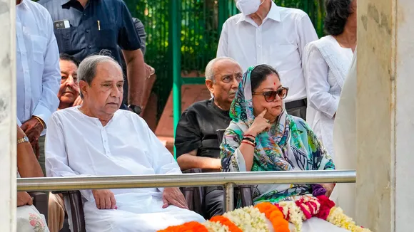 Odisha Chief Minister Naveen Patnaik and senior BJP leader Vasundhara Raje at the funeral of Patnaik's sister and author Gita Mehta, in New Delhi