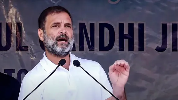 Congress leader Rahul Gandhi addresses a public meeting, in Kargil district, Ladakh