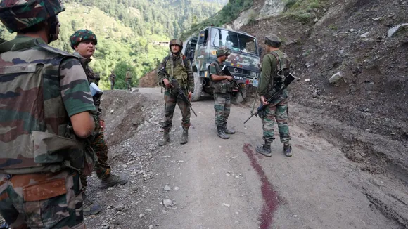 Indian Army personnel during a counter-terror operation after terrorists ambushed an Army convoy, in Kathua district, Tuesday, July 9, 2024.