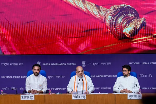 Union Home Minister Amit Shah, Union Sports Minister Anurag Thakur and Union Minister for Culture G. Kishan Reddy during a press conference