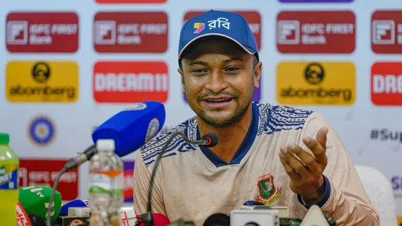 Bangladesh all-rounder Shakib Al Hasan addresses a press conference ahead of the 2nd cricket Test match between India and Bangladesh at the Green Park Stadium, in Kanpur, Thursday, Sept. 26, 2024.