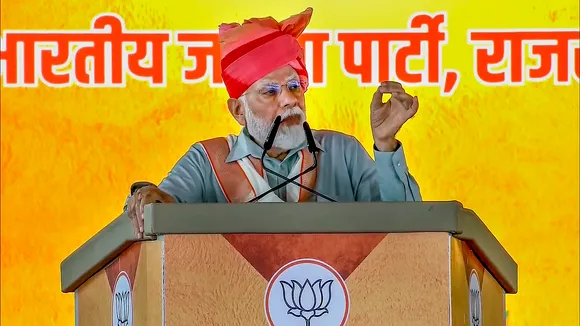 Prime Minister Narendra Modi speaks during a public meeting in Sikar