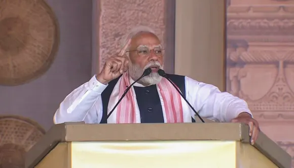 Prime Minister Narendra Modi speaks during the inauguration and foundation stone laying ceremony of various developmental projects, in Guwahati