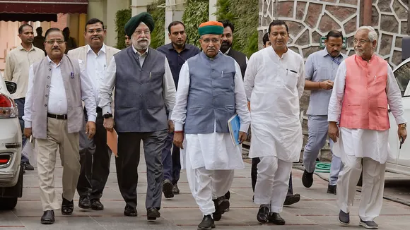 BJP delegation comprising Union Ministers Hardeep Singh Puri and Arjun Ram Meghwal, party MPs Radha Mohan Das Agrawal and Anil Baluni, party leader Om Pathak and others leave after a meeting with the Election Commission of India (ECI) at Nirvachan Sadan, in New Delhi, Wednesday, Oct. 25, 2023.