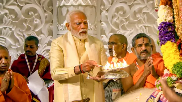 Prime Minister Narendra Modi offers prayers before the idol of Ram Lalla during the 'Pran Pratishtha' rituals at the Ram Mandir, in Ayodhya