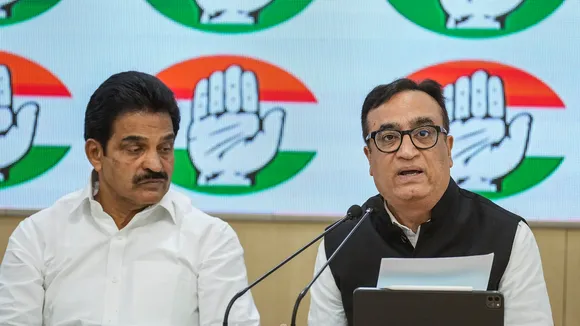 Congress leaders KC Venugopal and Ajay Maken brief the media at AICC headquarters, in New Delhi