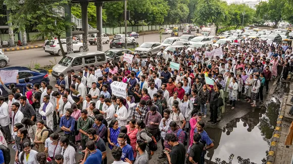 Doctors protest against the sexual assault and killing of a postgraduate trainee doctor in Kolkata, in New Delhi, Monday, Aug. 12, 2024.