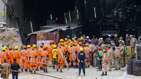 NDRF personnel on standby at the entrance of the Silkyara Bend-Barkot Tunnel during the ongoing rescue operation