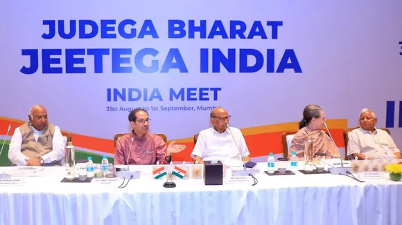 Opposition's Indian National Developmental Inclusive Alliance (INDIA) leaders pose for a group photograph ahead of their meeting, in Mumbai