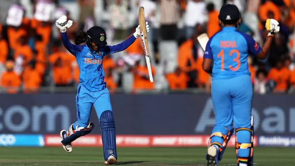 Indian women players Richa Ghosh and Jemimah Rodrigues after winning the ICC Women's T20 World Cup 2023 match against Pakistan women, in Newlands, Cape Town, Sunday