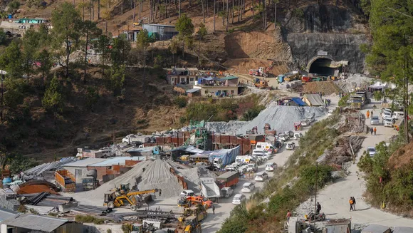 An aerial view of the Silkyara Bend-Barkot Tunnel from the Silkyara entrance during the rescue operation