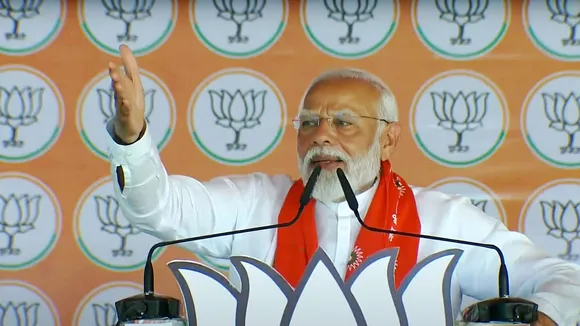 Prime Minister Narendra Modi addresses a public meeting ahead of the third phase of Lok Sabha elections, in Etawah district, Sunday, May 5, 2024