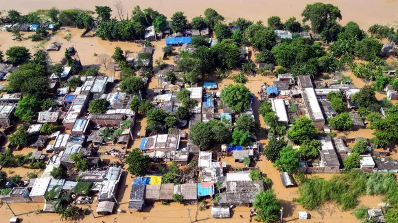 Aerial view of an area inundated with water of the swollen Ganga river, in Patna