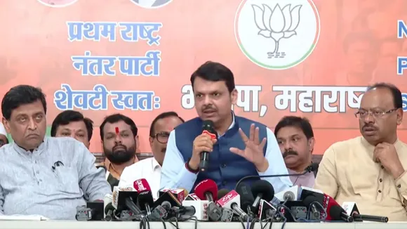 Maharashtra Deputy Chief Minister Devendra Fadnavis addresses a press conference at the BJP office, in Mumbai, Wednesday, June 5, 2024