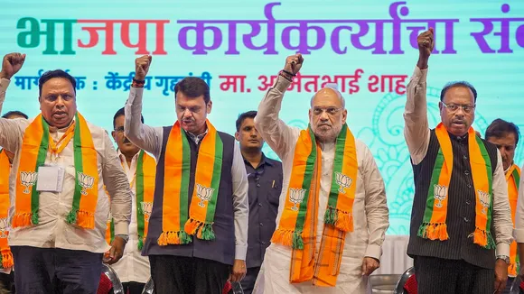 Amit Shah along with Maharashtra Deputy Chief Minister Devendra Fadnavis, Maharashtra BJP President Chandrashekhar Bawankule and Mumbai BJP President Ashish Shelar during the BJP party workers' meet, in Mumbai, Tuesday, Oct. 1, 2024.
