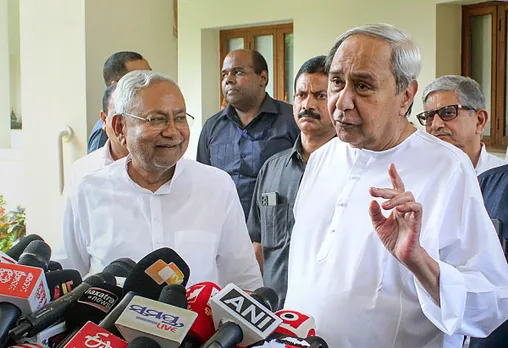 Bihar Chief Minister Nitish Kumar with Odisha Chief Minister Naveen Patnaik addresses the media after a meeting, in Bhubaneswar