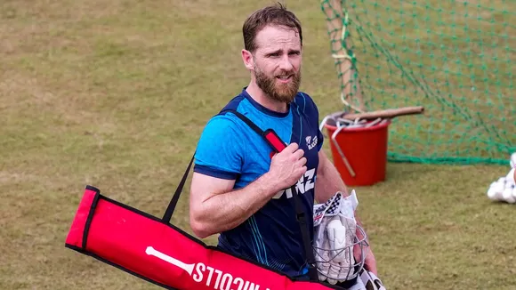 New Zealand player Kane Williamson during a practice session before the start of the second day of a one-off Test match between Afghanistan and New Zealand, in Greater Noida, Tuesday, Sept 10, 2024.
