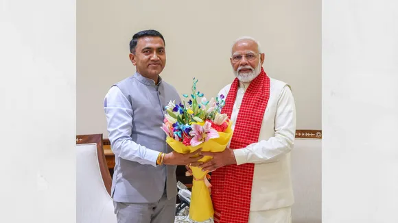 Prime Minister Narendra Modi being greeted by Goa CM Pramod Sawant during a meeting, in New Delhi.