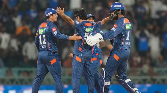 Lucknow Super Giants bowler Ravi Bishnoi celebrates the wicket of Kane Williamson during the Indian Premier League (IPL) 2024 T20 cricket match between Lucknow Super Giants and Gujarat Titans at the Bharat Ratna Shri Atal Bihari Vajpayee Ekana Stadium, in Lucknow, Sunday, April 7, 2024.