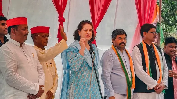 Congress General Secretary Priyanka Gandhi Vadra addresses an election meeting for Lok Sabha polls, in Raebareli, Wednesday, May 8, 2024