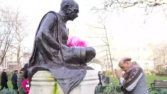 Defence Minister Rajnath Singh pays homage to Mahatma Gandhi, in Tavistock, London
