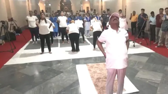 West Bengal Governor CV Ananda Bose performs Yoga on International Yoga Day at Raj Bhavan.