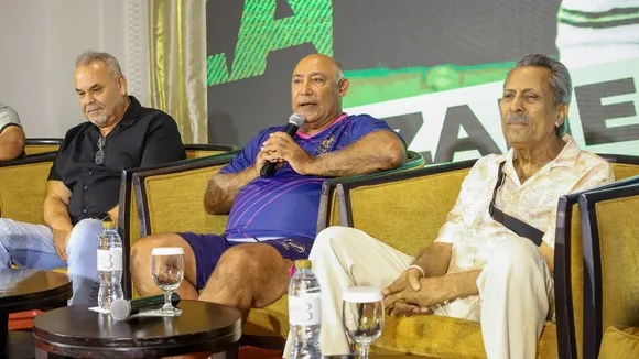 Former cricketers Dav Whatmore, Mudassar Nazar and Zaheer Abbas during the Cricket Predicta conclave, in Sharjah, UAE, Sunday, Sept. 29, 2024.