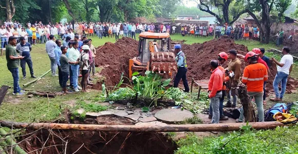Rescue operation underway after a part of a well collapsed in Piska village in Silli area of Ranchi, Friday, Aug. 18, 2023. At least 5 people died in the mishap that took place Wednesday night