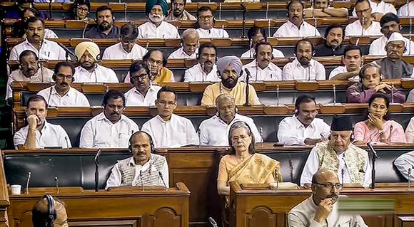 Congress MPs Sonia Gandhi, Rahul Gandhi and Adhir Ranjan Chowdhury, J&K National Conference MP Farooq Abdullah and others in the Lok Sabha during a special session of Parliament, in New Delhi