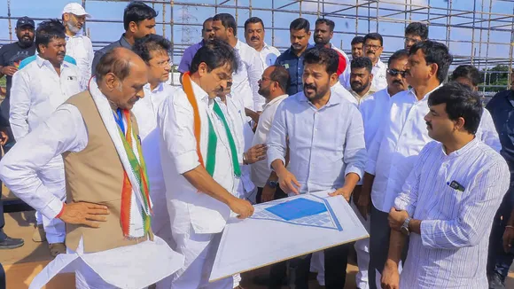 Congress leader KC Venugopal reviews preparations for the party's upcoming public rally titled 'Vijaya Bheri', at Tukkuguda Ground in Hyderabad, Friday, Sept. 15, 2023.
