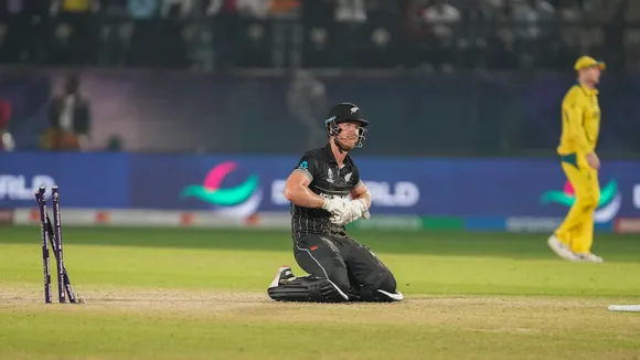 New Zealand's J Neesham is run out during the ICC Men’s Cricket World Cup 2023 match between Australia and New Zealand, at HPCA Stadium, in Dharamshala, Saturday, Oct. 28, 2023.