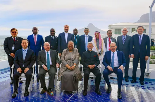 External Affairs Minister S Jaishankar poses for a group photo at the BRICS Foreign Ministers’ meeting, in Cape Town