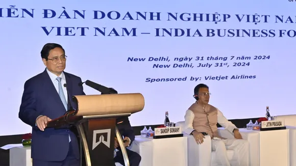Vietnamese Prime Minister Pham Minh Chinh addressing the Vietnam-India Business Forum organised by FICCI, in New Delhi