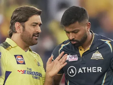 Chennai Super Kings captain Mahendra Singh Dhoni and Gujarat Titans captain Hardik Pandya at the toss before the IPL 2023 cricket match between Gujarat Titans and Chennai Super Kings, at the Narendra Modi Stadium in Ahmedabad