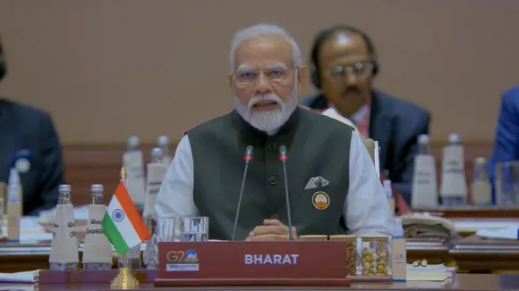 Prime Minister Narendra Modi addresses the session-1 on 'One Earth' during the G20 Summit 2023 at the Bharat Mandapam convention center for, in New Delhi
