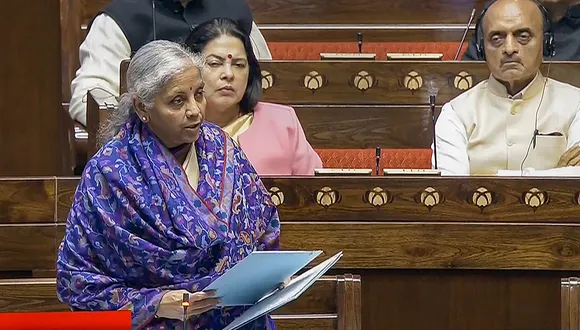 Union Finance Minister Nirmala Sitharaman speaks in the Rajya Sabha during the Budget session of Parliament, in New Delhi