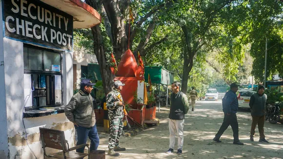 Security personnel during the Enforcement Directorate (ED)'s raid at the premises of Delhi Chief Minister Arvind Kejriwal's personal secretary, Bibhav Kumar