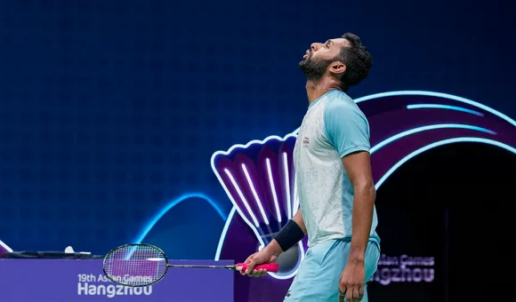 India’s HS Prannoy reacts after losing a point against China's Li Shifeng in the Men's Singles semifinal badminton match at the 19th Asian Games