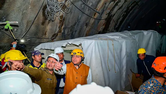 Uttarakhand Chief Minister Pushkar Singh Dhami reviews the operation to rescue the 41 workers trapped inside the under-construction tunnel between Silkyara and Dandalgaon