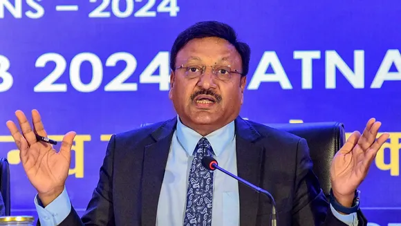 Chief Election Commissioner of India (CEC) Rajiv Kumar addresses a press conference, in Patna