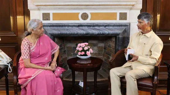 Andhra Pradesh Chief Minister N Chandrababu Naidu meets Union Finance Minister Nirmala Sitharaman during a meeting, in New Delhi.