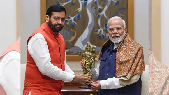 Prime Minister Narendra Modi with Haryana Chief Minister Nayab Singh Saini at a meeting in New Delhi, Wednesday, Oct. 9, 2024.