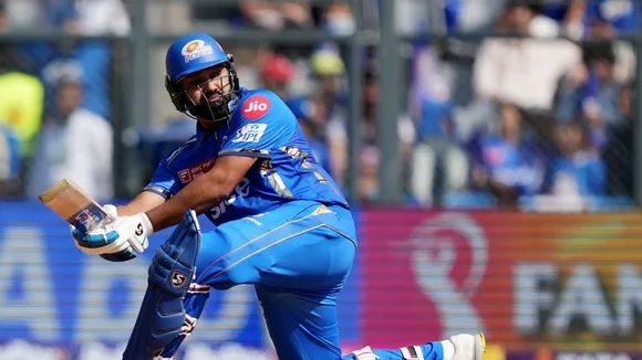 Mumbai Indians' Rohit Sharma plays a shot during the Indian Premier League (IPL) 2024 T20 cricket match between Mumbai Indians and Delhi Capitals, at Wankhede Stadium, in Mumbai, Sunday, April 7, 2024