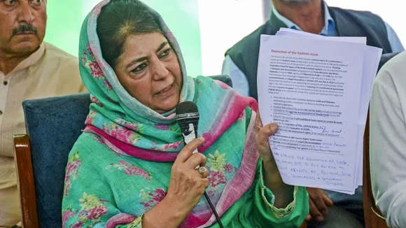 Peoples Democratic Party (PDP) President Mehbooba Mufti during the release of the party's election manifesto ahead of the state assembly elections, in Srinagar, Saturday, Aug. 24, 2024